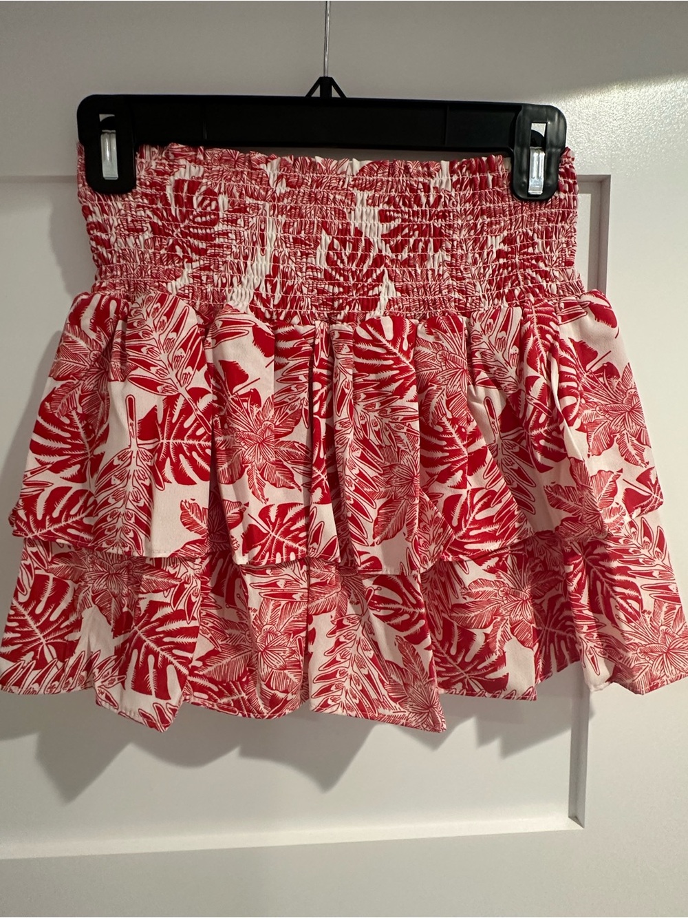 Tiered Red Floral Print Smocked Mini Skirt